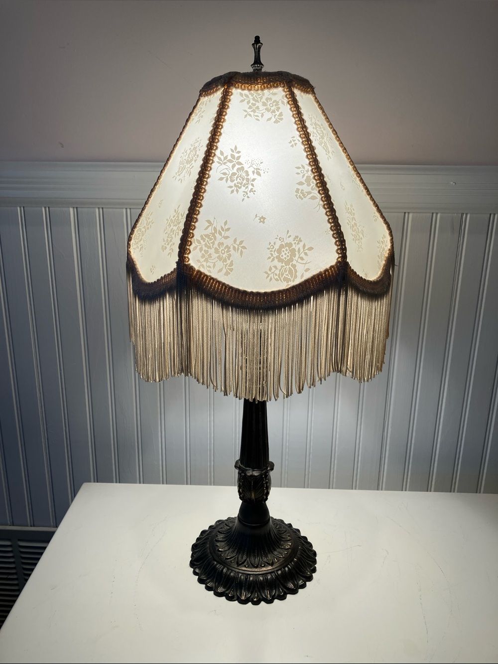 Vintage Victorian Style Boudoir Lamp With Fringed Lampshade